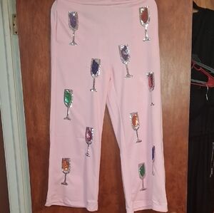 Pink Wide Leg Pants with Sequin Glass Design